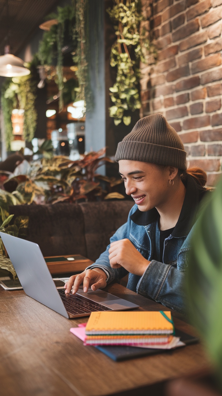 A young person with a beanie smiling at a laptop in a café, surrounded by plants and colorful notebooks.