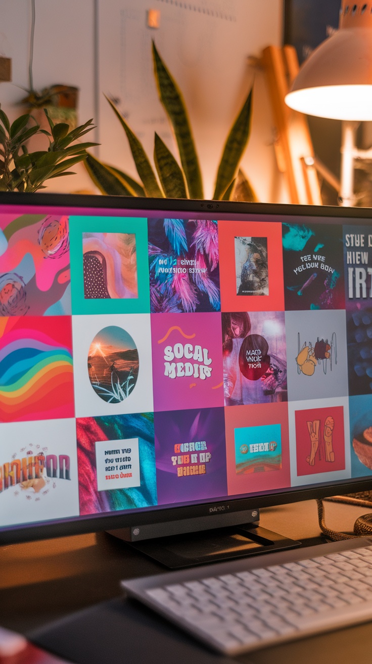 A monitor displaying a variety of colorful social media graphics in a creative workspace.