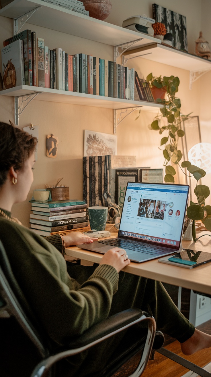 A person managing social media on a laptop in a cozy workspace with books and plants.