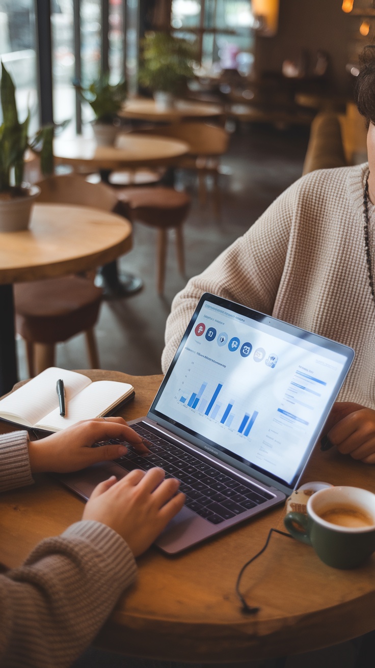 Two individuals discussing social media management over a laptop in a cozy cafe