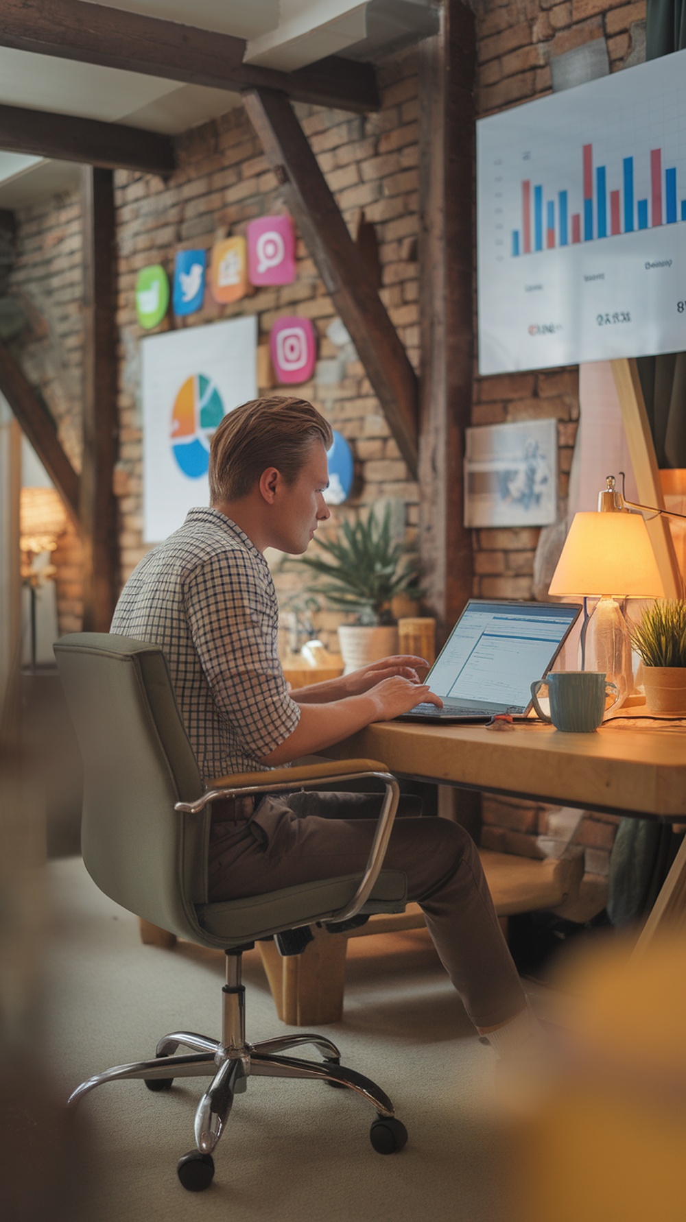A person working as a social media manager at a desk with a laptop, analyzing data and creating content.