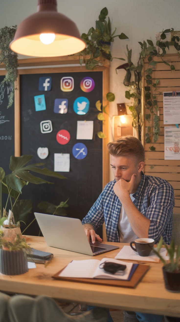 A focused young man working on a laptop in a vibrant workspace with social media icons on the wall.