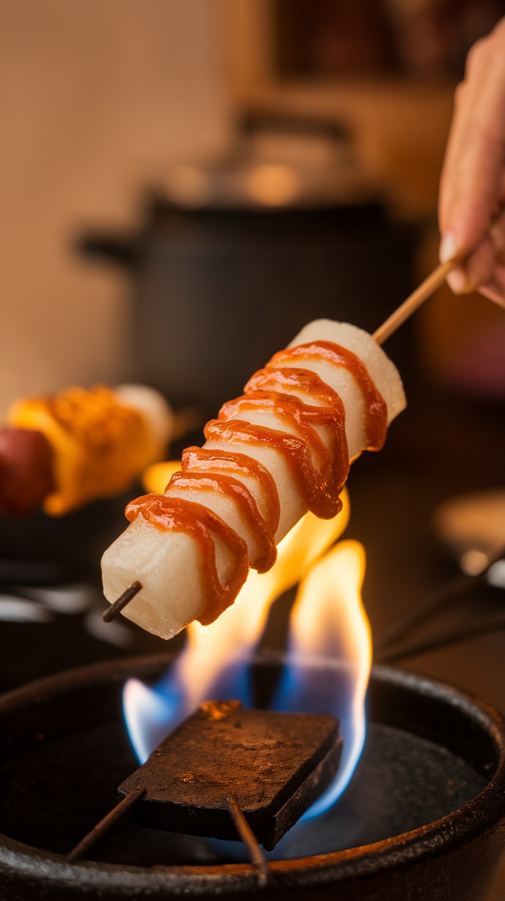 Sotteok Sotteok rice cake and sausage skewers cooking