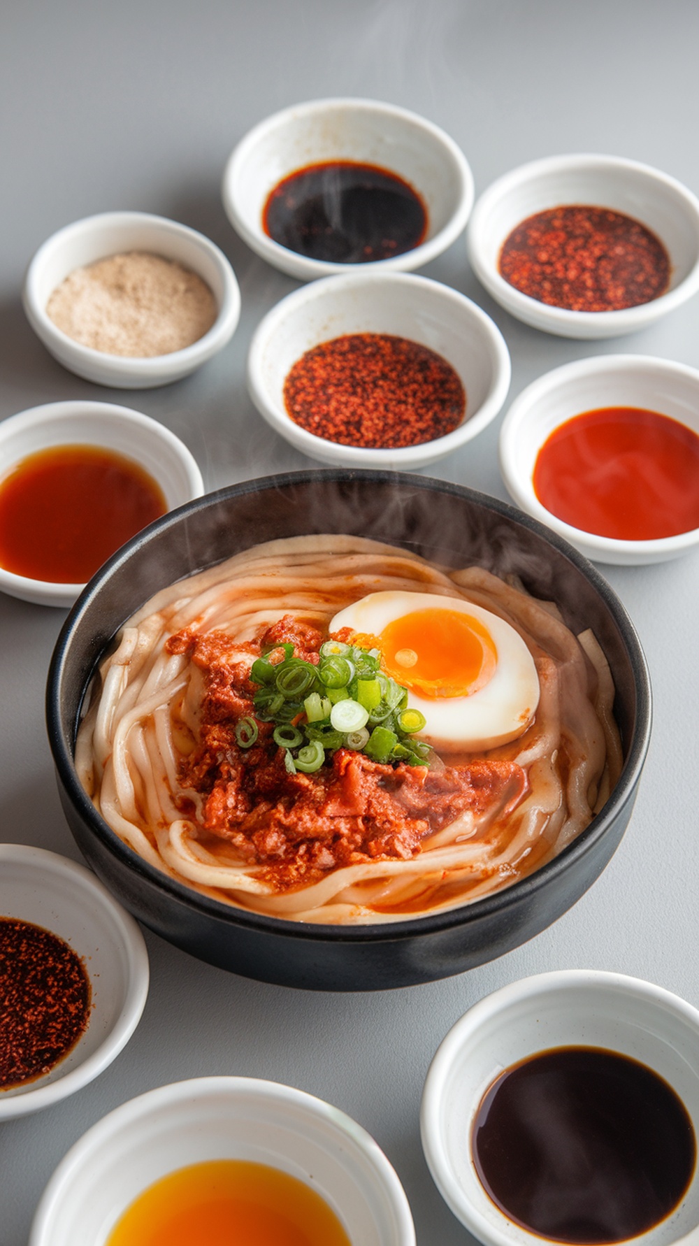 A bowl of noodles topped with sauce and green onions, surrounded by various small bowls of sauces.