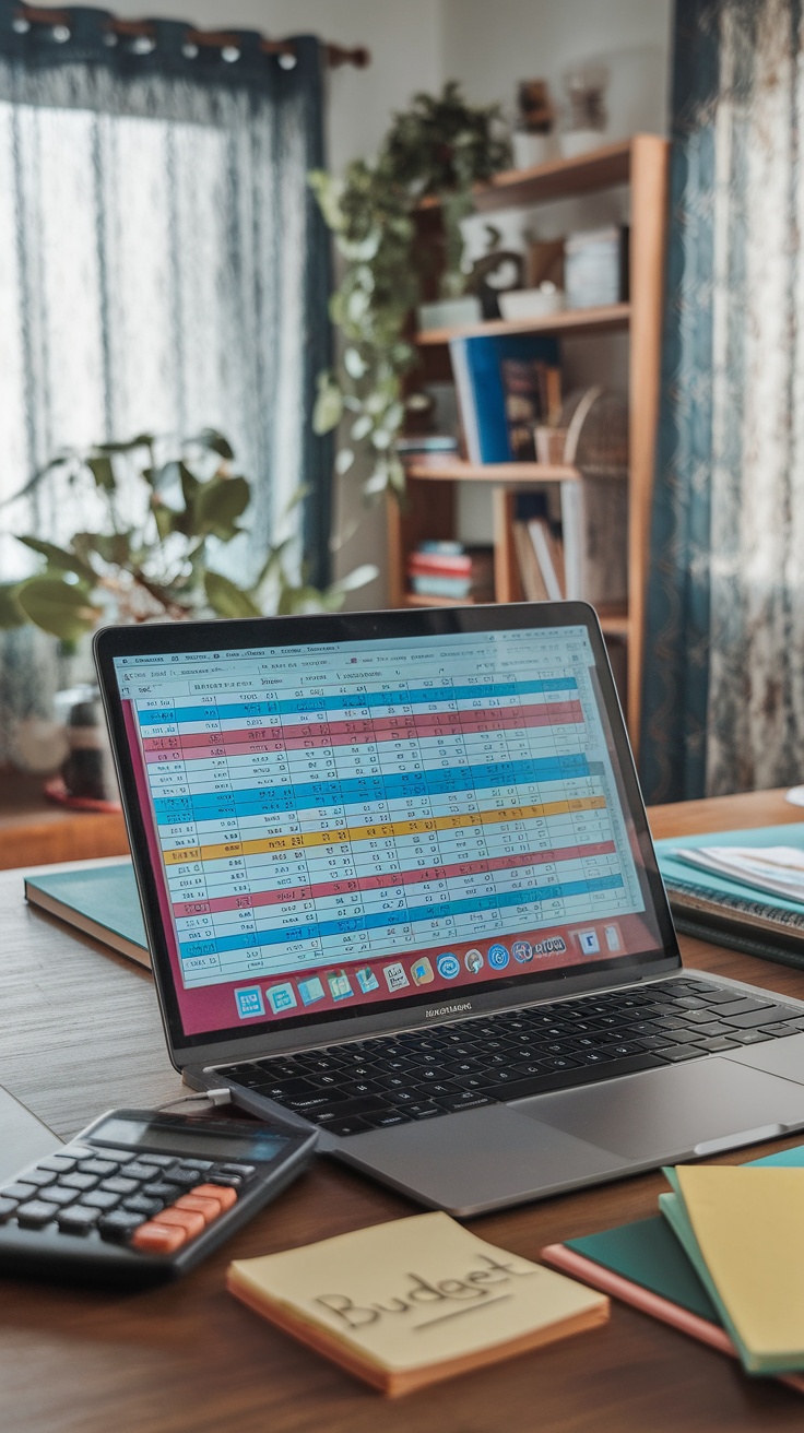 A laptop on a wooden desk displaying a colorful spreadsheet, with a calculator and sticky notes nearby.