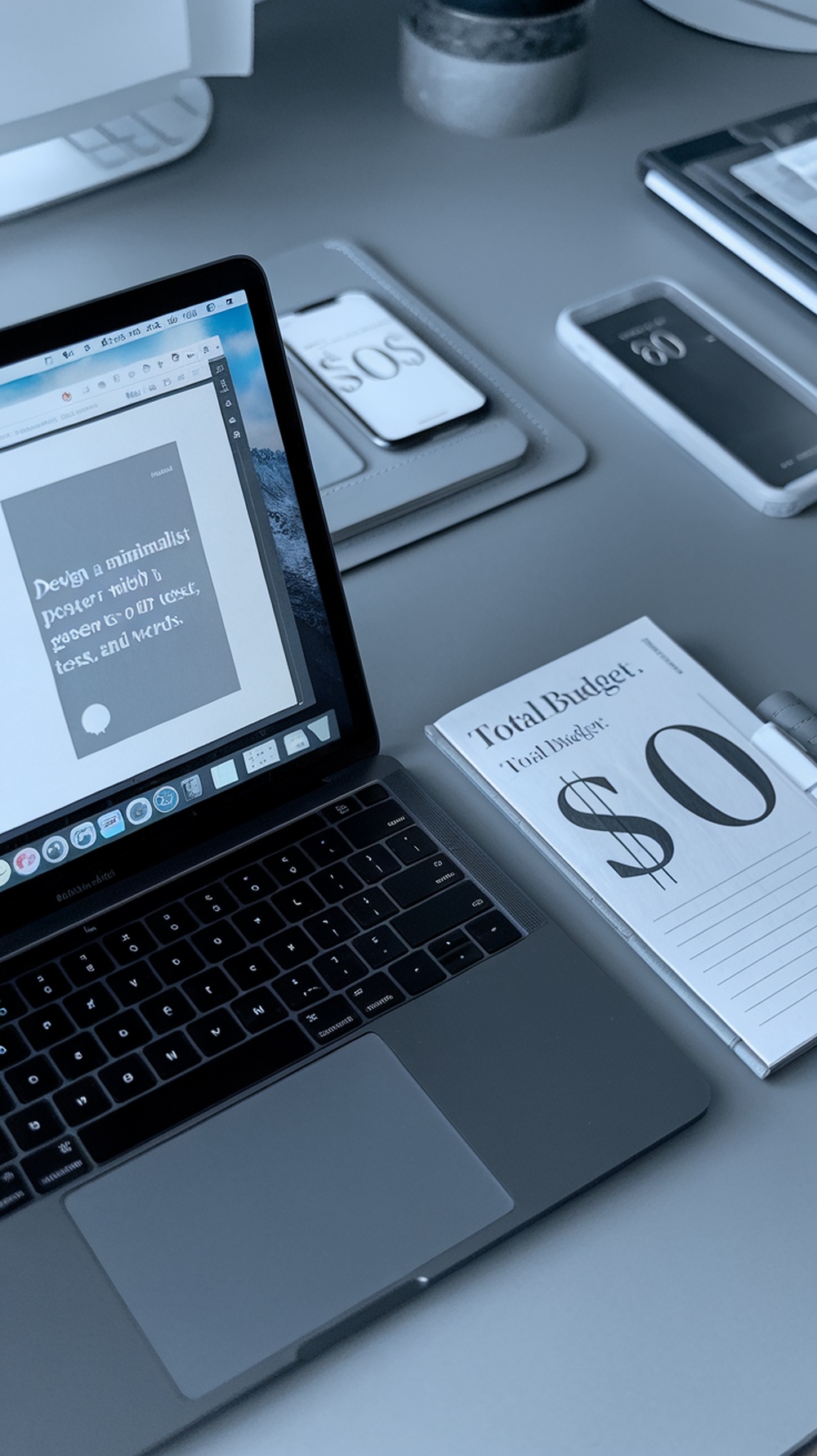 A minimal workspace featuring a laptop displaying a design, a smartphone, and a budget notebook.