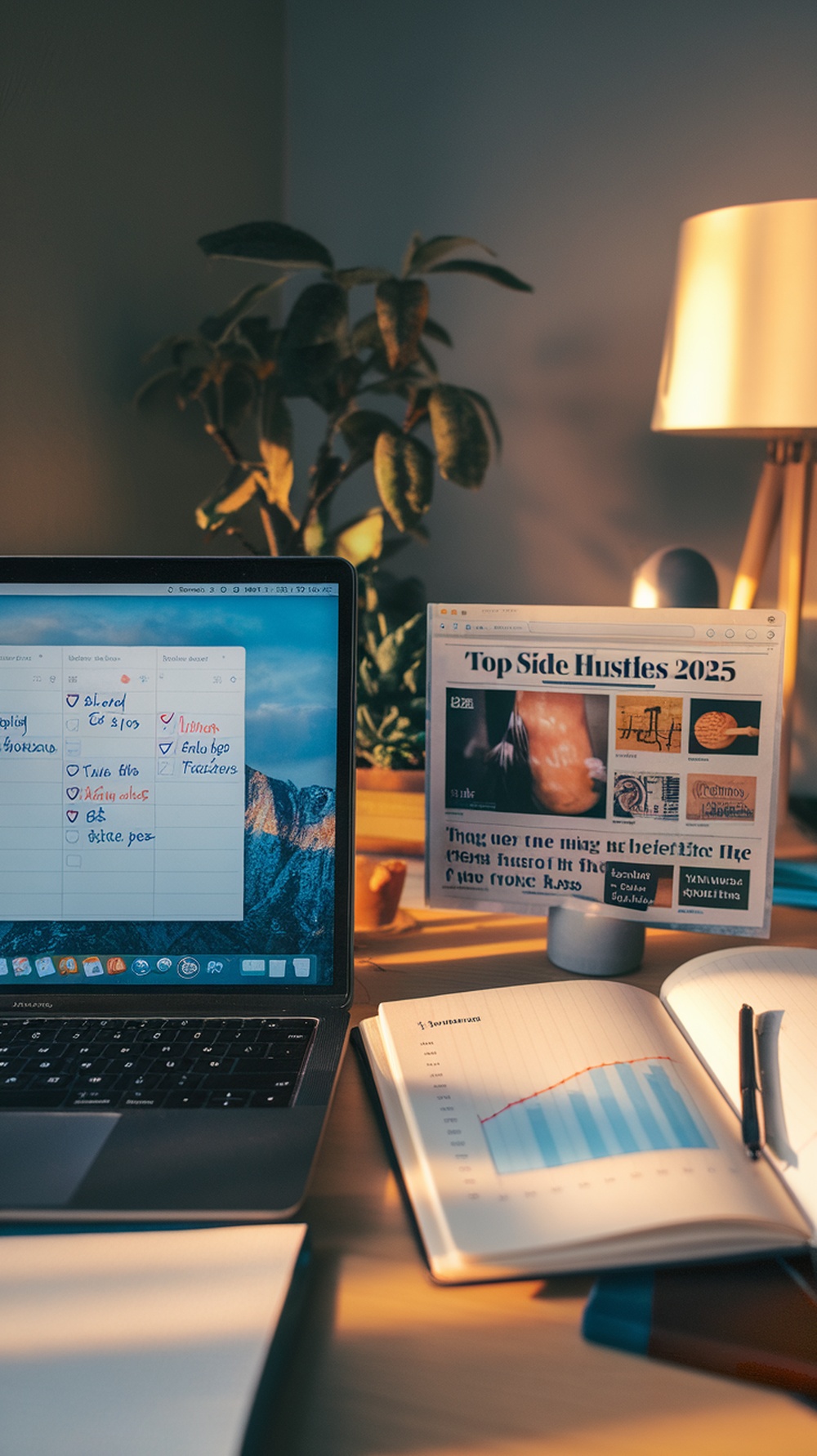 A workspace with a laptop, notes, and a side hustle trend chart.