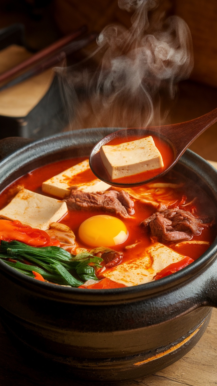 A spicy tofu stew with ingredients like tofu, meat, and vegetables in a bubbling pot.