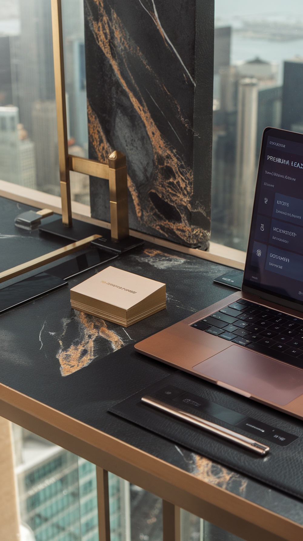 A modern workspace showing a laptop, business cards, and an elegant desk, symbolizing a professional freelance environment.