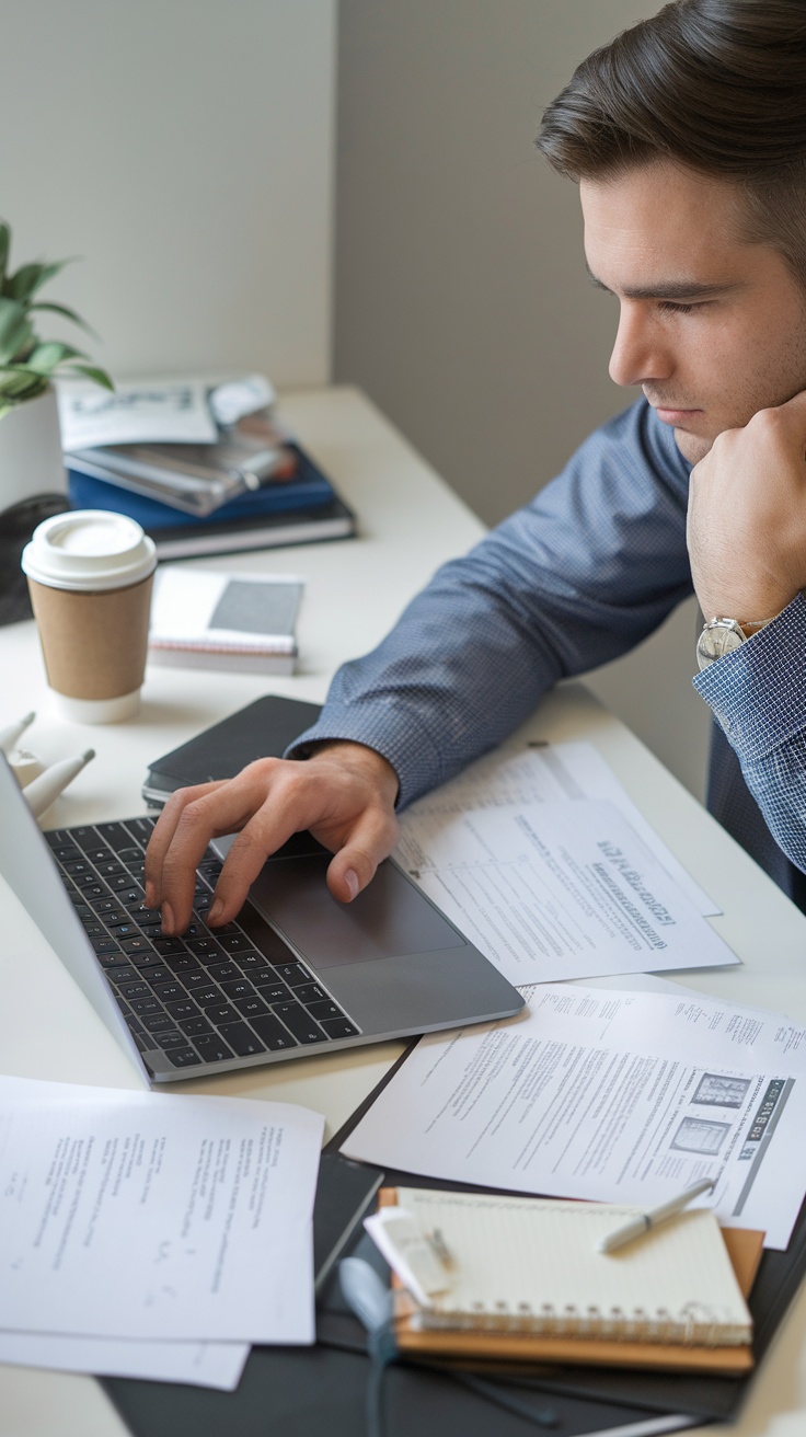 Focused individual working on technical writing at a desk with papers and a laptop