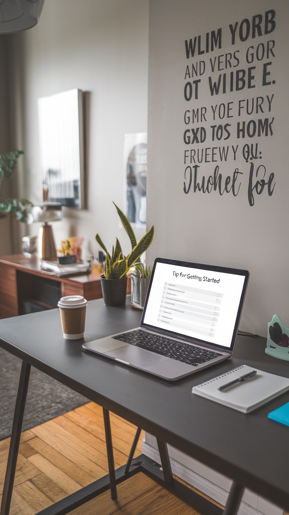 A cozy workspace with a laptop, coffee cup, and plants, ideal for online jobs.