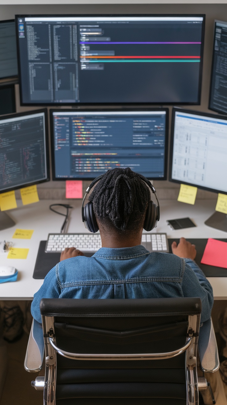 Person working at a desk with multiple computer screens, headphones, and sticky notes, focused on transcription tasks.