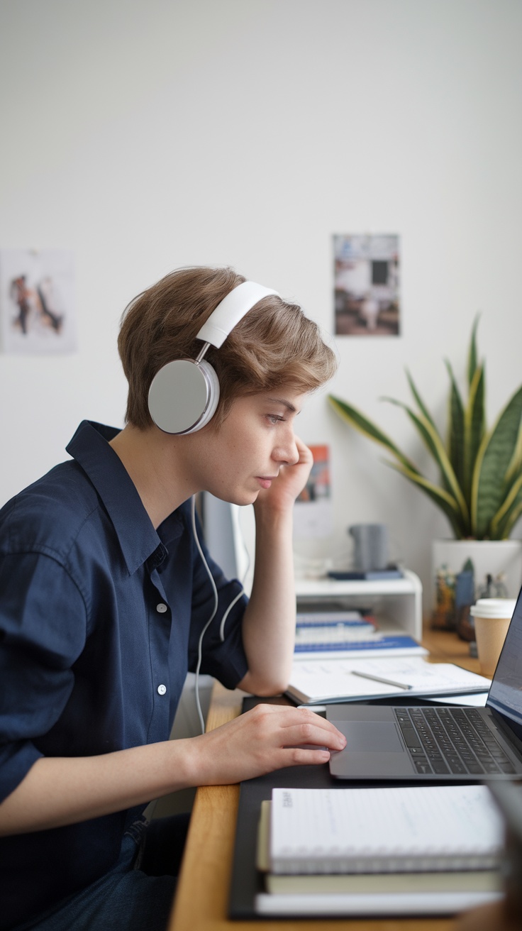 A person focused on transcription work, wearing headphones and typing on a laptop.