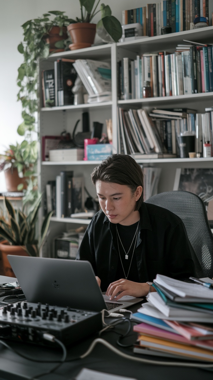 A person focusing on their laptop in a cozy workspace filled with books and plants, representing the skill of transcription.