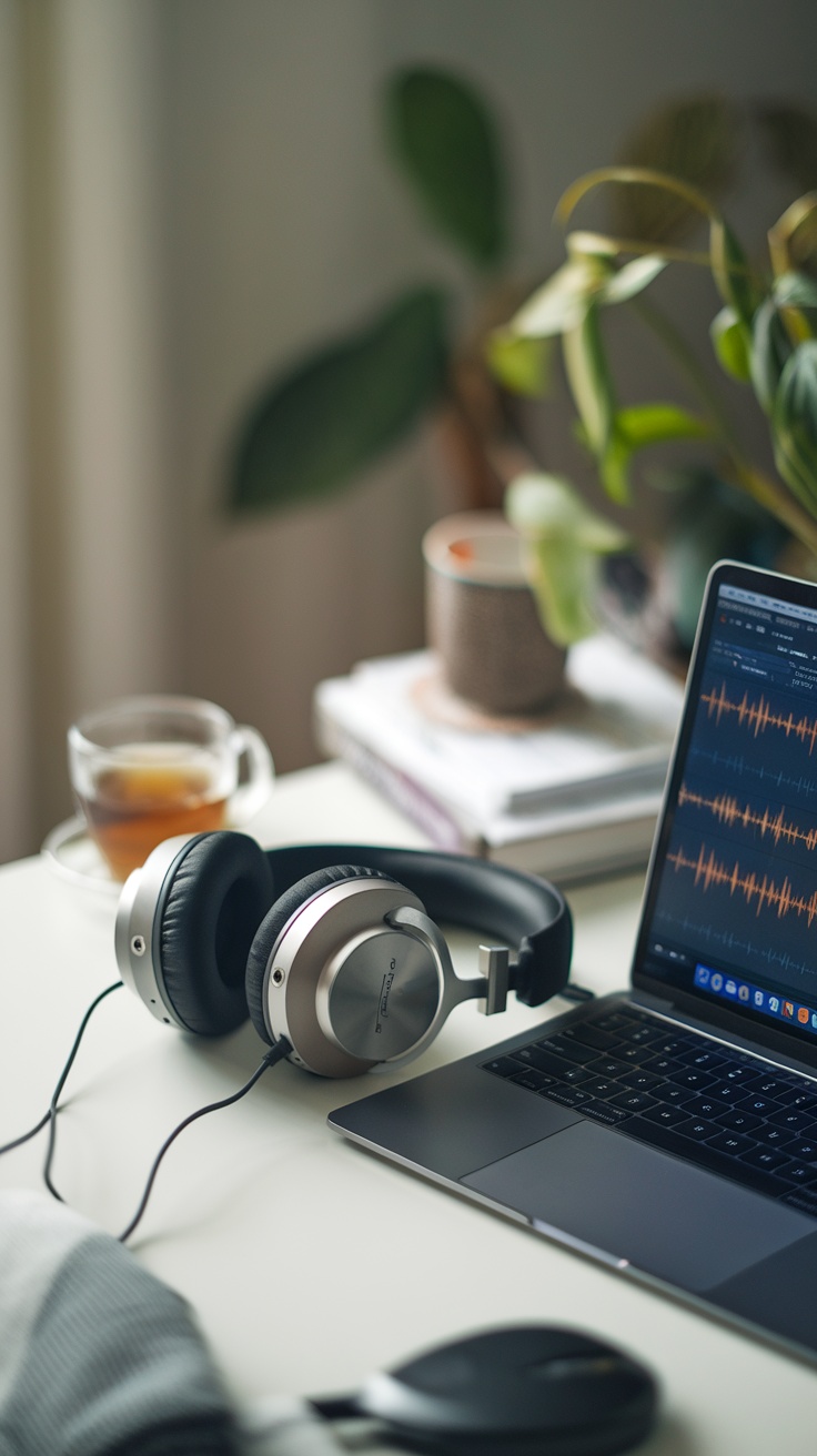 Image of headphones, a laptop, and a cup of tea on a desk.