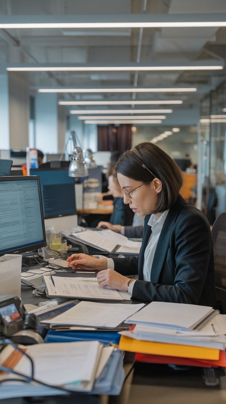 A professional working on transcription with documents and technology at their desk.