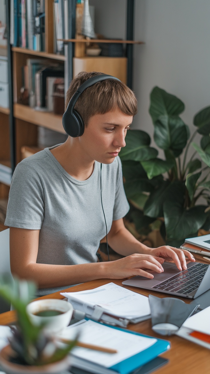 A focused individual typing on a laptop while wearing headphones, representing the work of a transcriptionist.