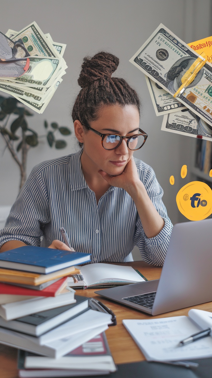 A woman working on a laptop with books around her and dollar bills floating above, representing potential earnings from translation services.