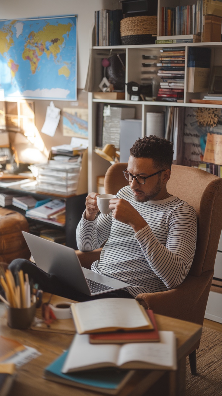 A person enjoying coffee while working on a laptop in a cozy home office filled with books and a world map.