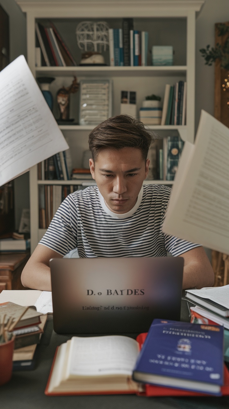 A focused man working on a laptop with books and papers around him, symbolizing the role of a translator.