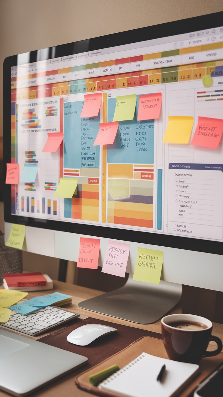 A computer screen displaying a colorful Trello board with sticky notes and project lists.