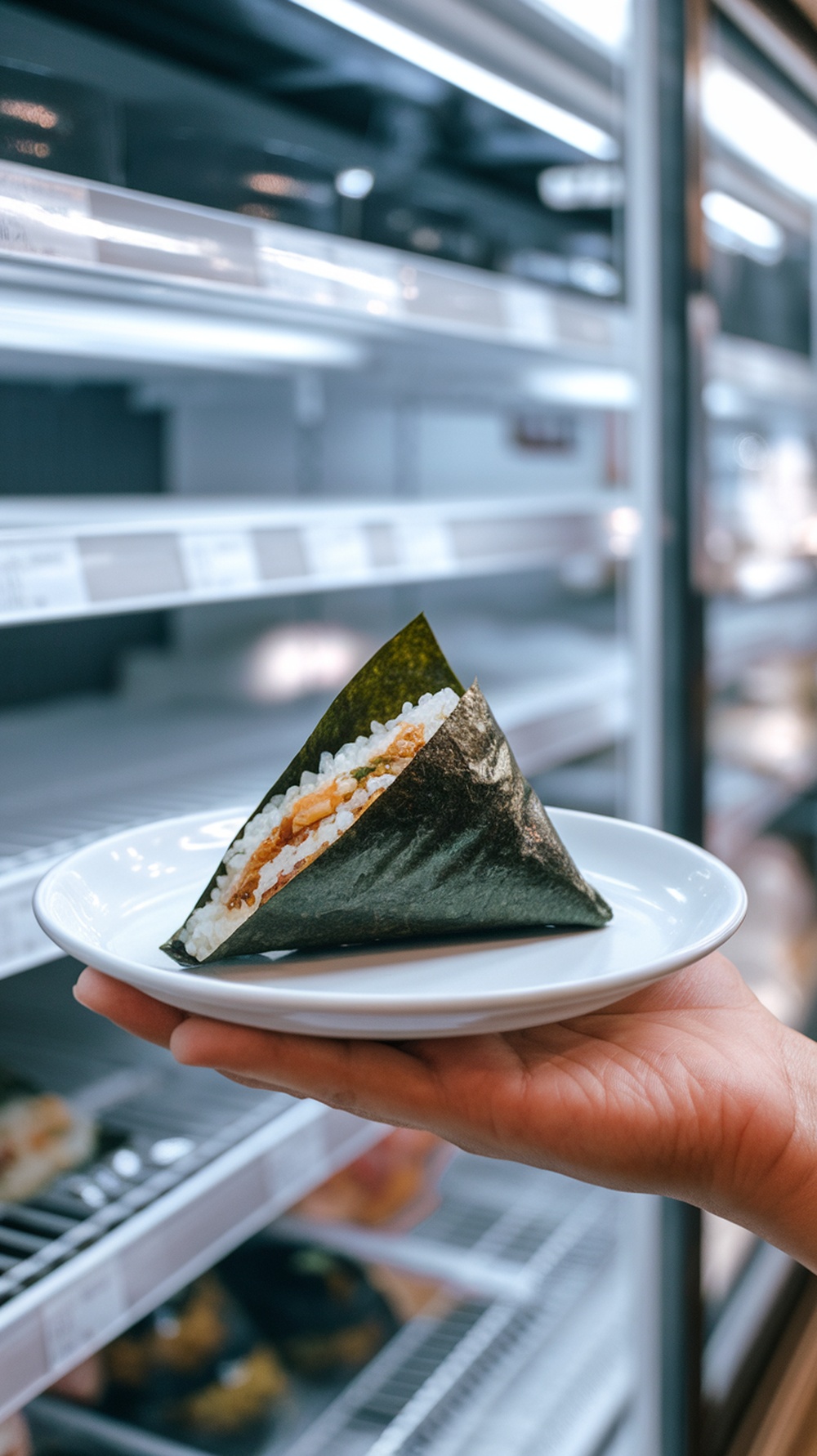 A hand holding a triangular kimbap, a classic Korean rice and seaweed snack.