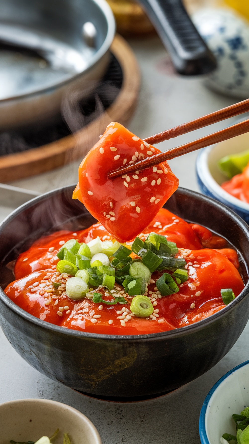 A bowl of tteokbokki topped with green onions and sesame seeds.