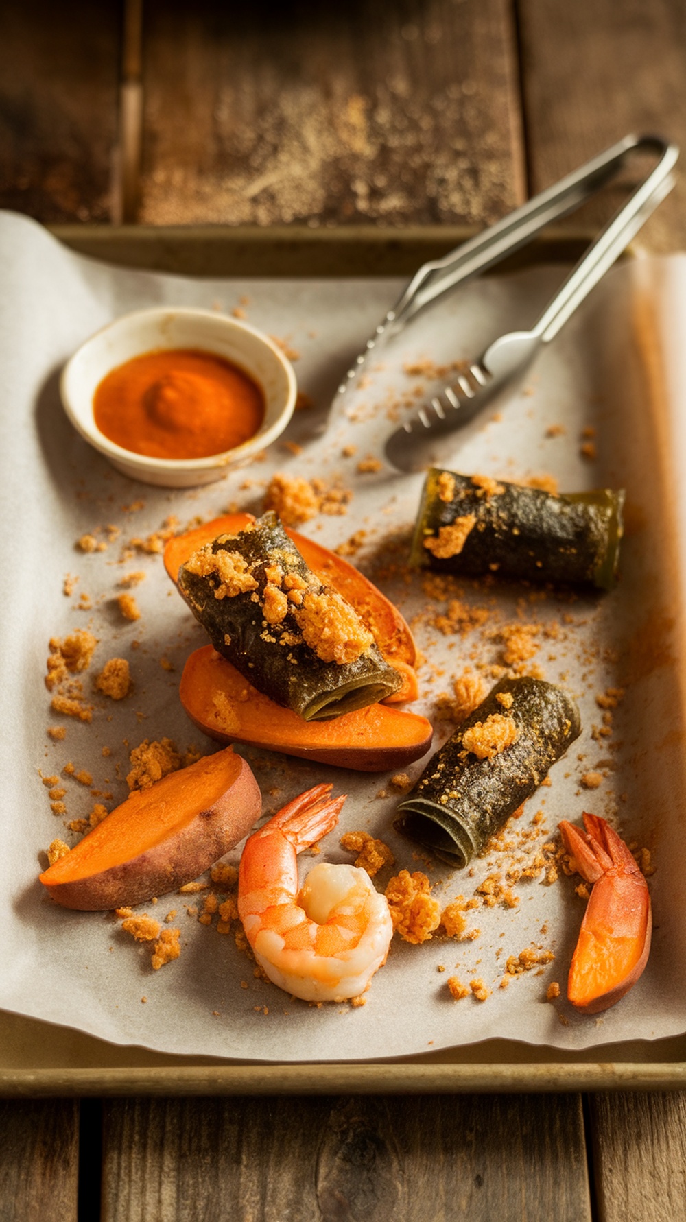 A plate of twigim, featuring various ingredients like shrimp, sweet potato, and zucchini, beautifully battered and fried.