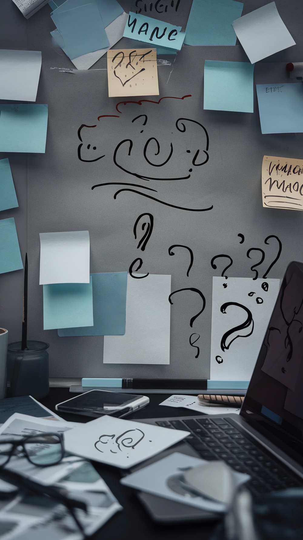 A desk cluttered with papers, sticky notes, and questions, representing uncertainty in project scope.