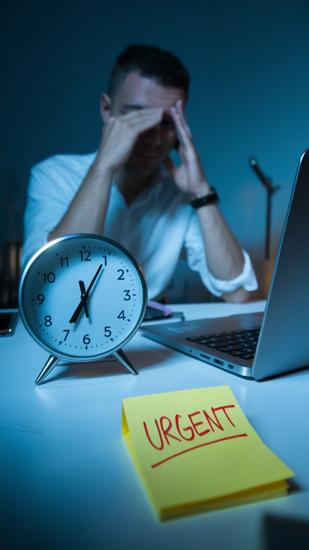 A stressed freelancer at a desk with a clock and a note that says 'URGENT'.