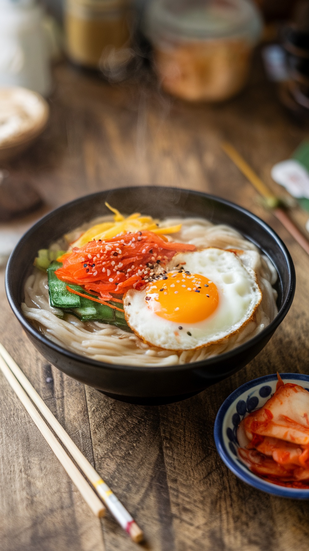 A bowl of ramyeon topped with a fried egg, colorful vegetables, and a side of kimchi.