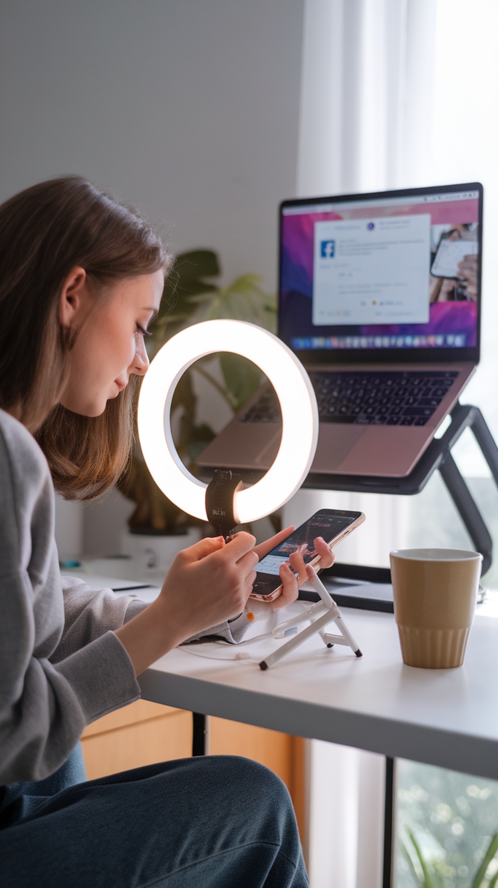 A woman using her phone and laptop at a desk with a ring light