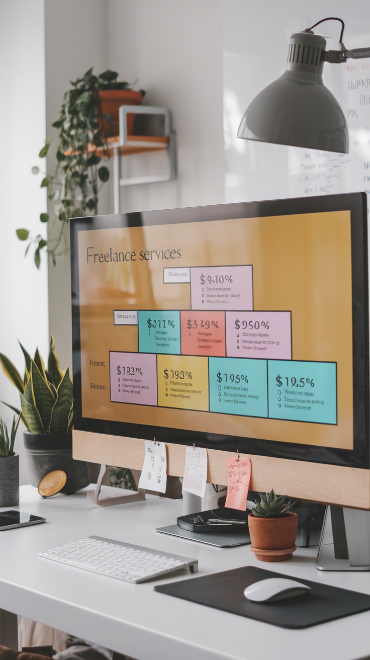 A computer screen displaying a tiered pricing structure for freelance services.