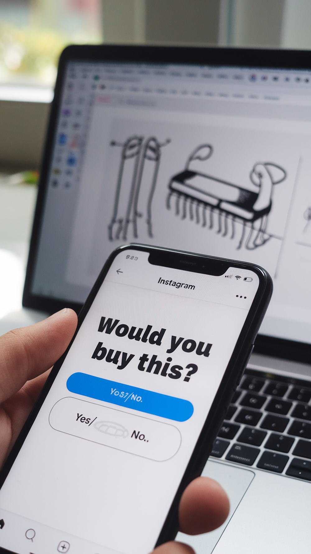 A person holding a smartphone with an Instagram poll asking if they would buy a product, while a laptop displays product sketches.