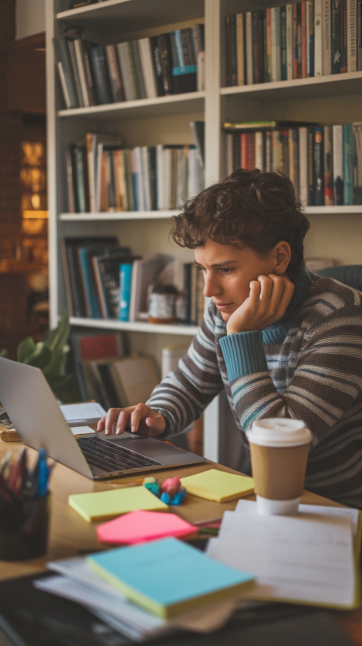 A focused individual working on a laptop at a desk with sticky notes and books in a cozy workspace.