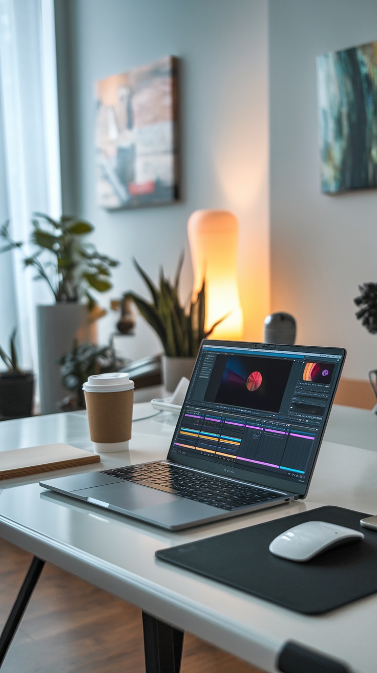 A laptop on a desk displaying a video editing software interface, surrounded by plants and a coffee cup, in a cozy workspace.