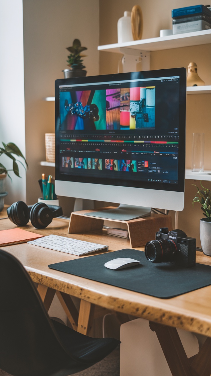 A modern workspace featuring a computer displaying video editing software, headphones, and a camera