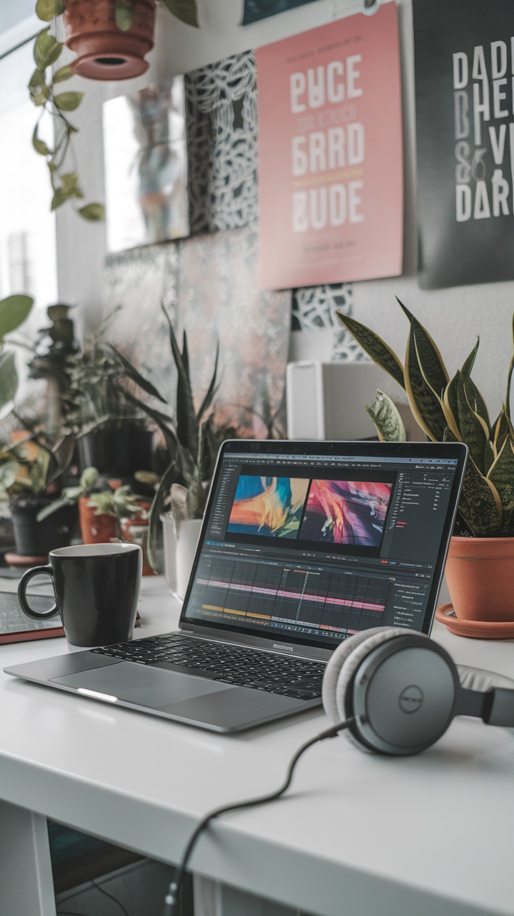 A cozy workspace featuring a laptop with video editing software open, a cup of coffee, headphones, and various green plants.