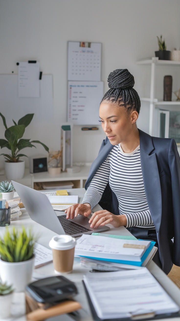 A focused individual working on a laptop at a neat desk with plants and organized documents.