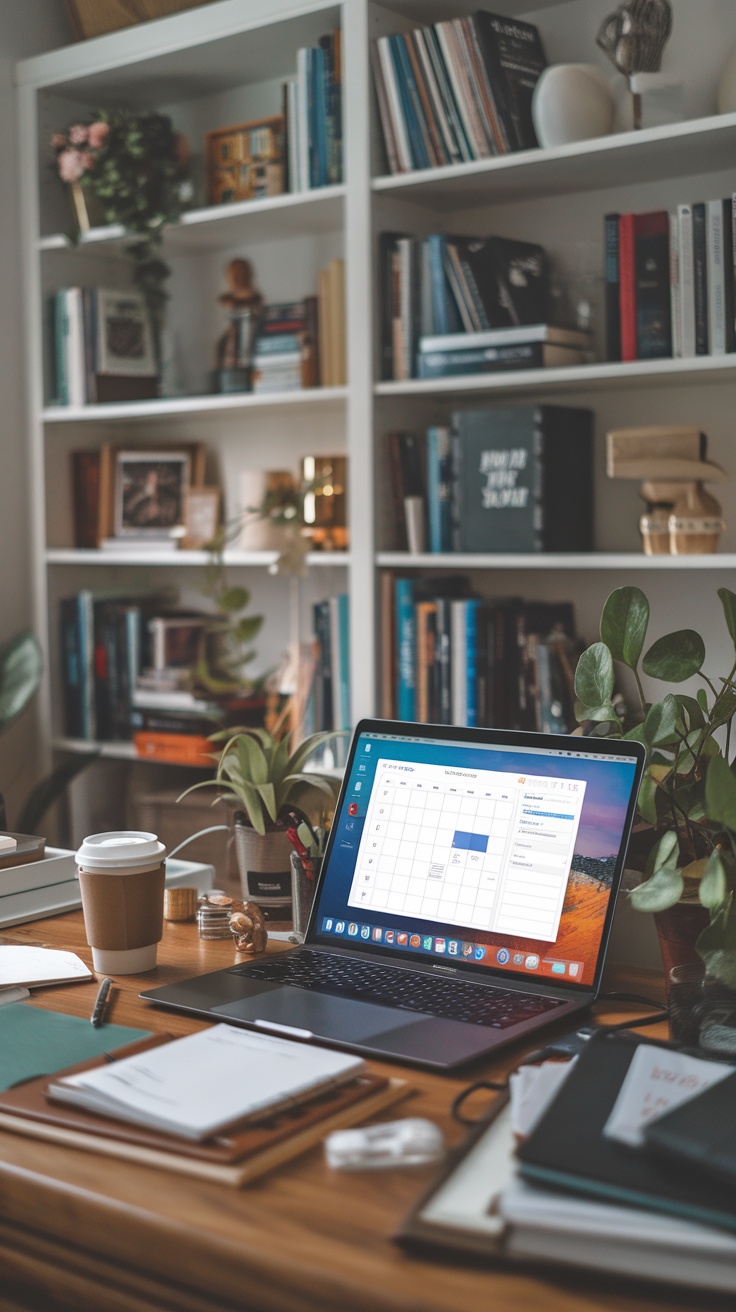 A cozy workspace with a laptop displaying a calendar and a coffee cup on a wooden desk, surrounded by books and plants.