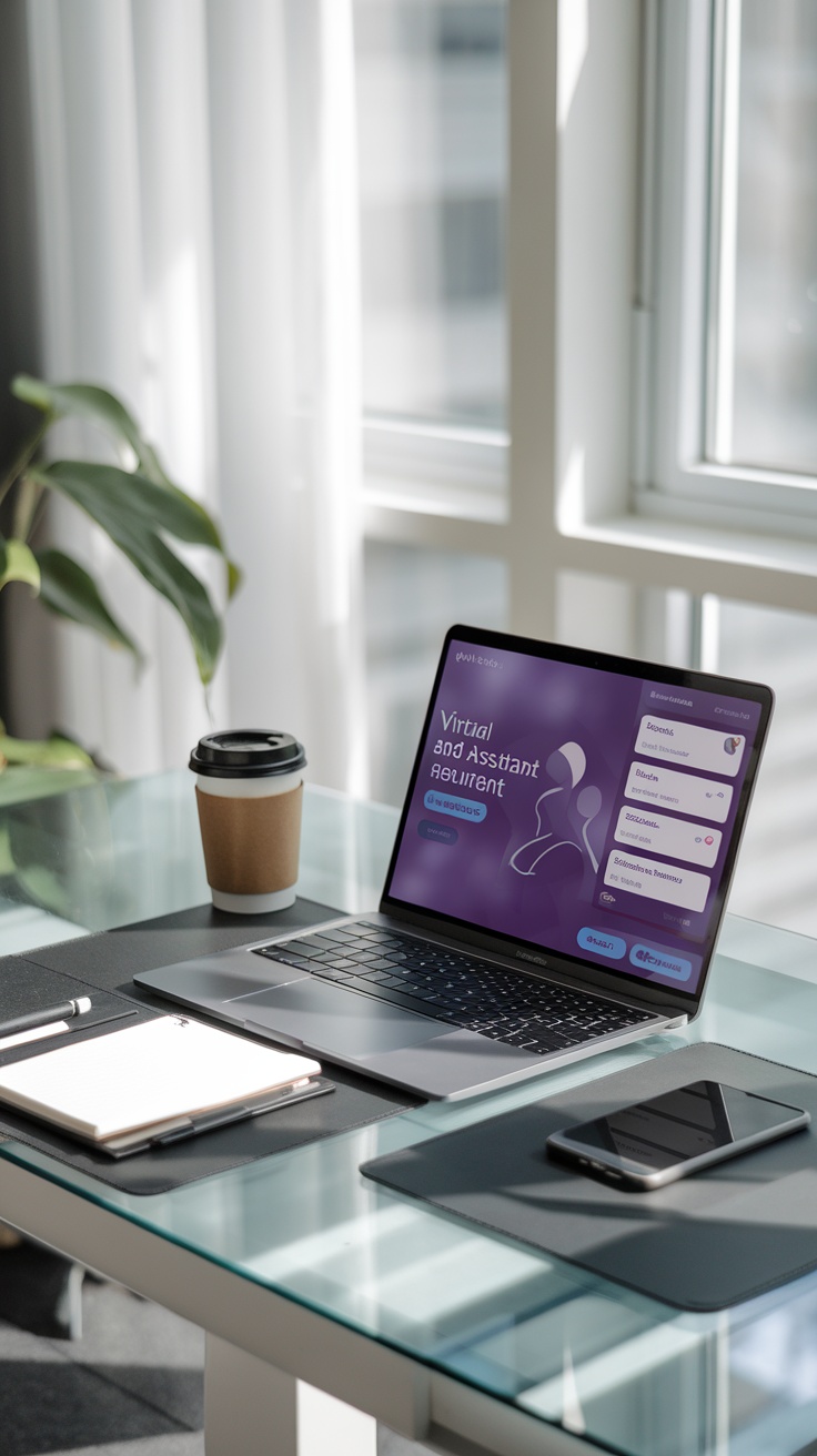 A laptop displaying virtual assistant recruitment website on a desk with a coffee cup and notepad.