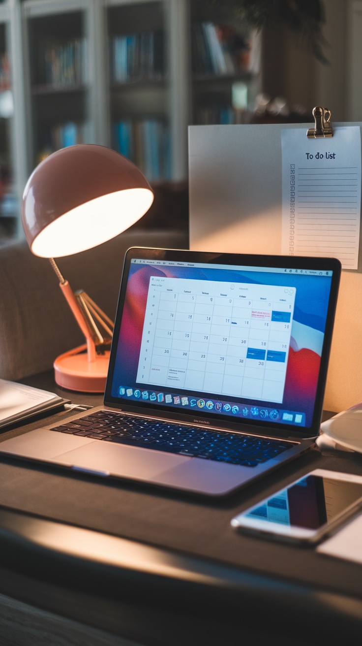 A cozy workspace featuring a laptop, desk lamp, and a to-do list, representing virtual assistance tasks.