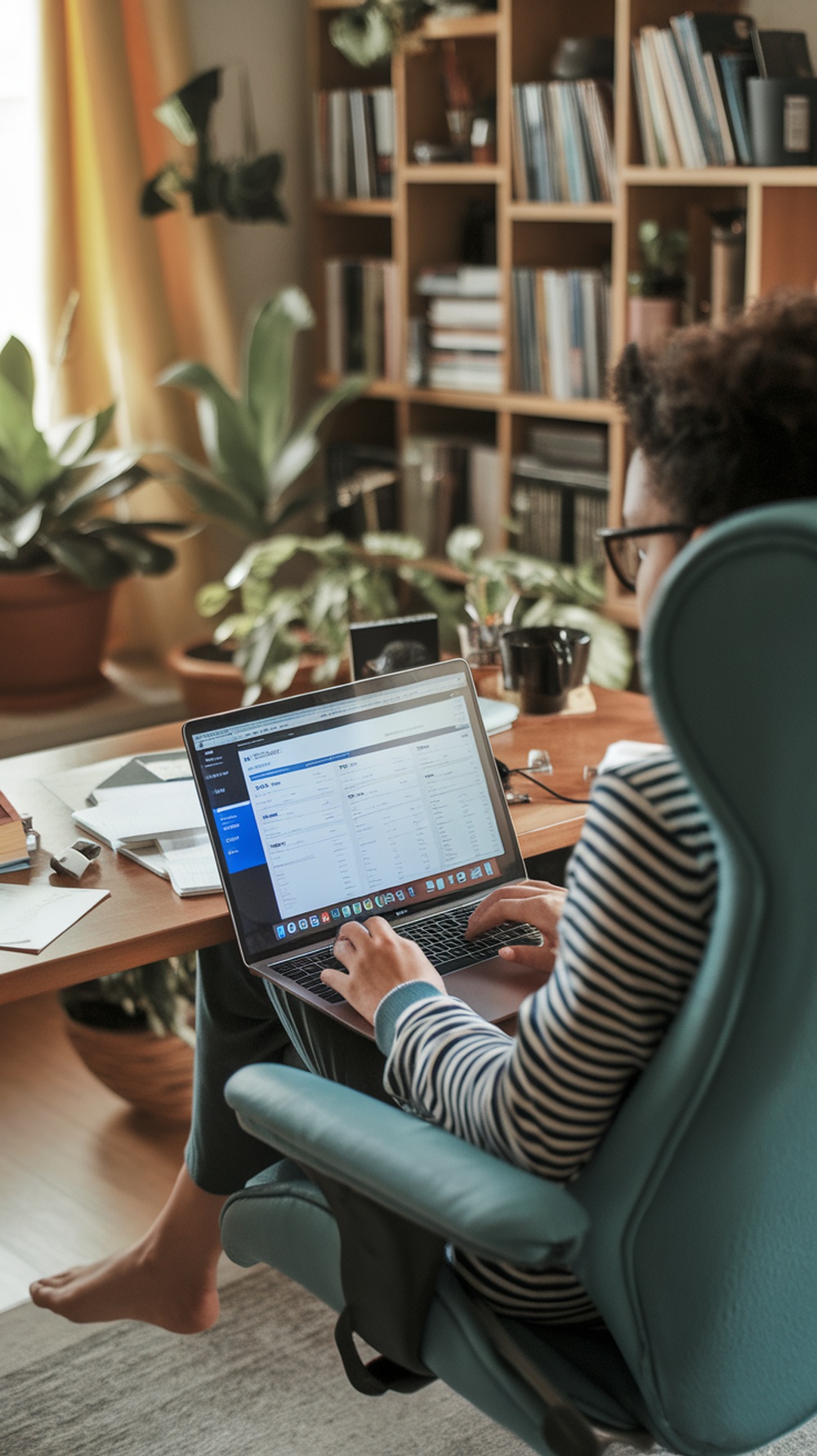 A person working as a virtual assistant on a laptop at home, surrounded by plants and books.