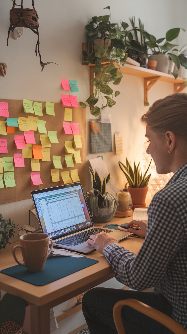 A person working at a desk with a laptop and sticky notes on the wall.