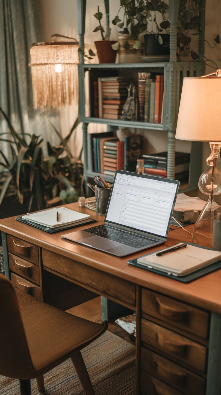 A cozy workspace with a laptop, notebooks, and plants, suitable for bookkeeping tasks.