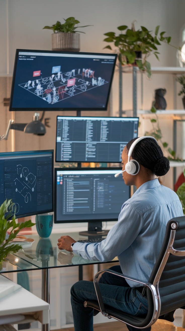 An individual planning a virtual event, working at a desk with multiple computer screens