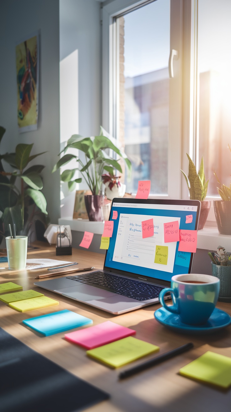 A cozy workspace with a laptop, colorful sticky notes, and plants