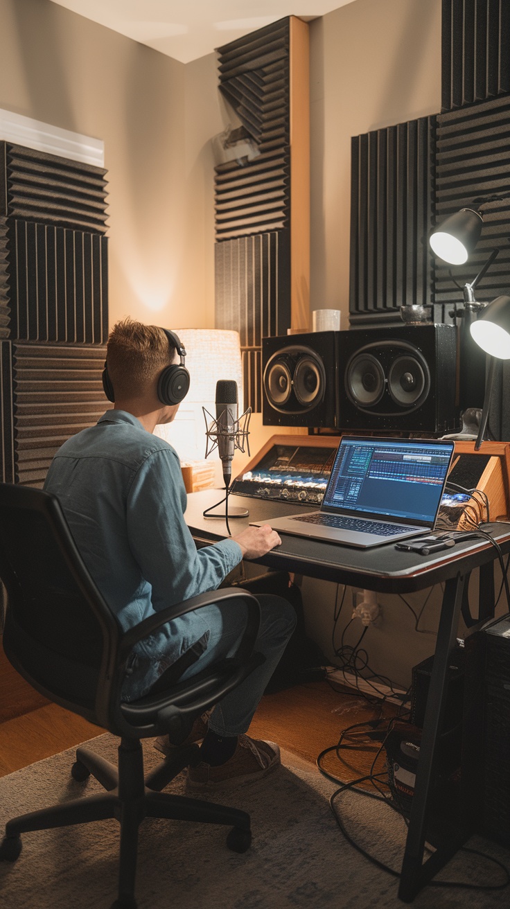 A person with headphones sitting at a desk in a voice-over studio, preparing to record audio.