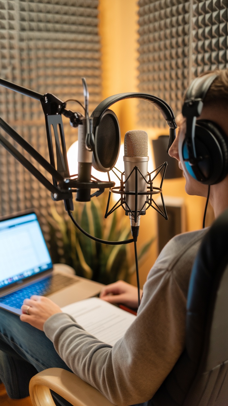 A person recording voice-over work in a home studio with a microphone and laptop.