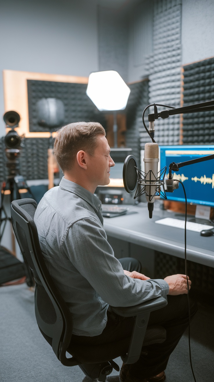 A person recording voiceover work in a professional studio environment.